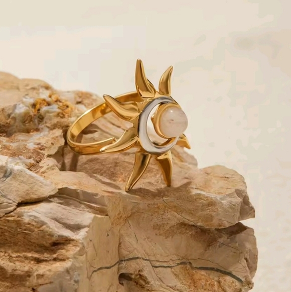 Moonstone Sun Ring Adjustable 18k Gold Plated Stainless Steel | NWOT - Picture 2 of 7